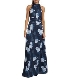 NWT SACHIN + BABI Blue Floral Crinkle Georgette Sleeveless Tie Neck Gown Size 2